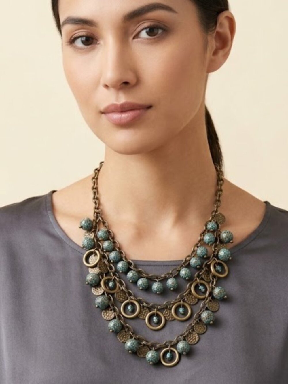 Elegant Bronze tone and Blue Beaded Necklace